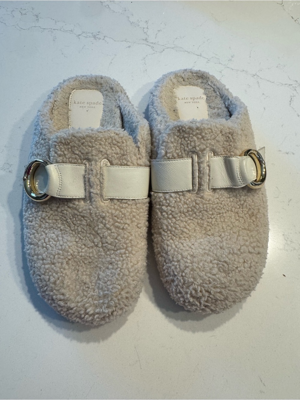 kate spade Womens Cream Real Sherpa Slip-On Mules with Gold Ring